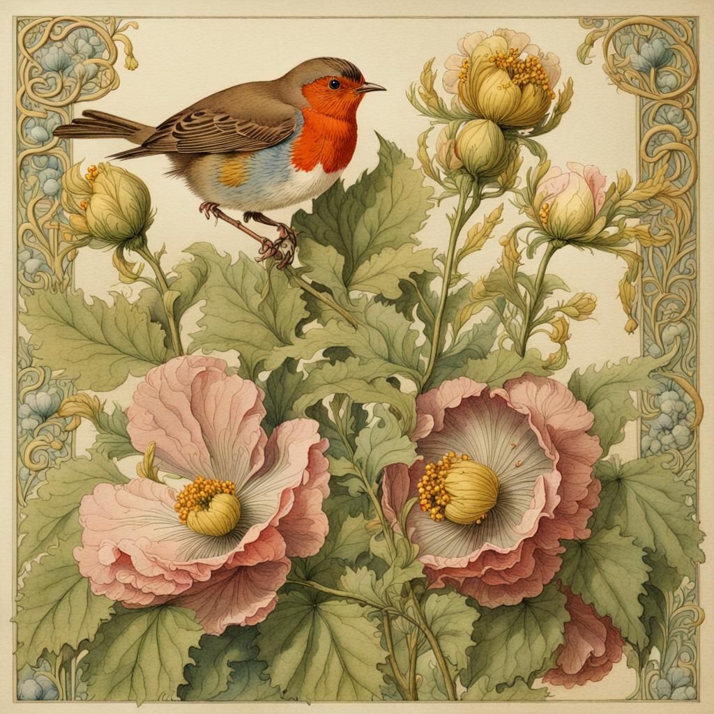Robin and Botanical Flowers in Art Nouveau Style