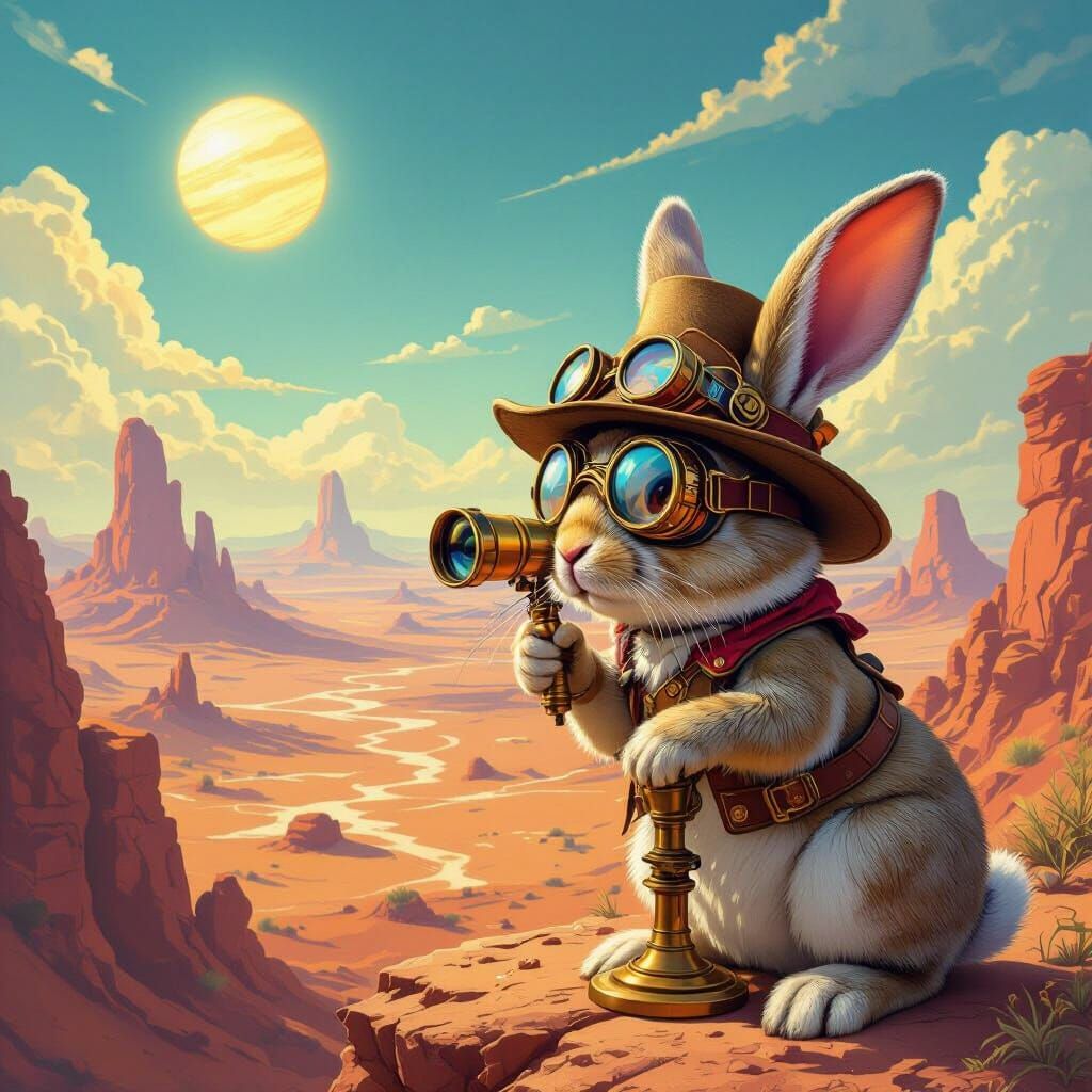 Whimsical Rabbit Explorer on Alien Desert Cliff