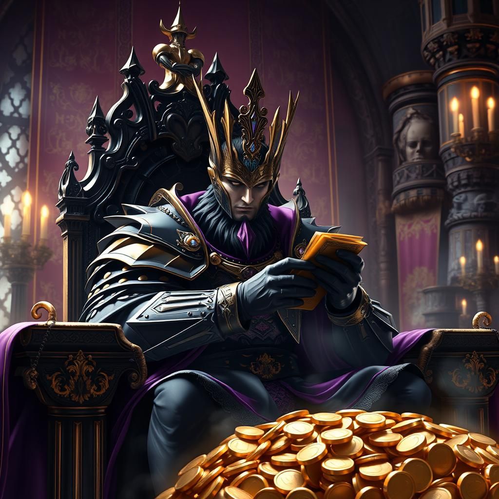 Dark Armored King on Throne with Gold, Anime Lighting