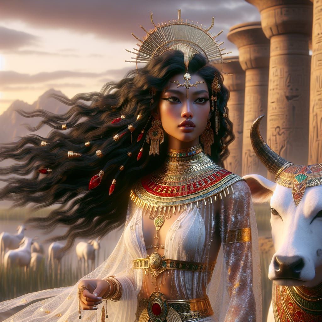 Egyptian Goddess Hesat in Majestic Ancient Nile River Delta