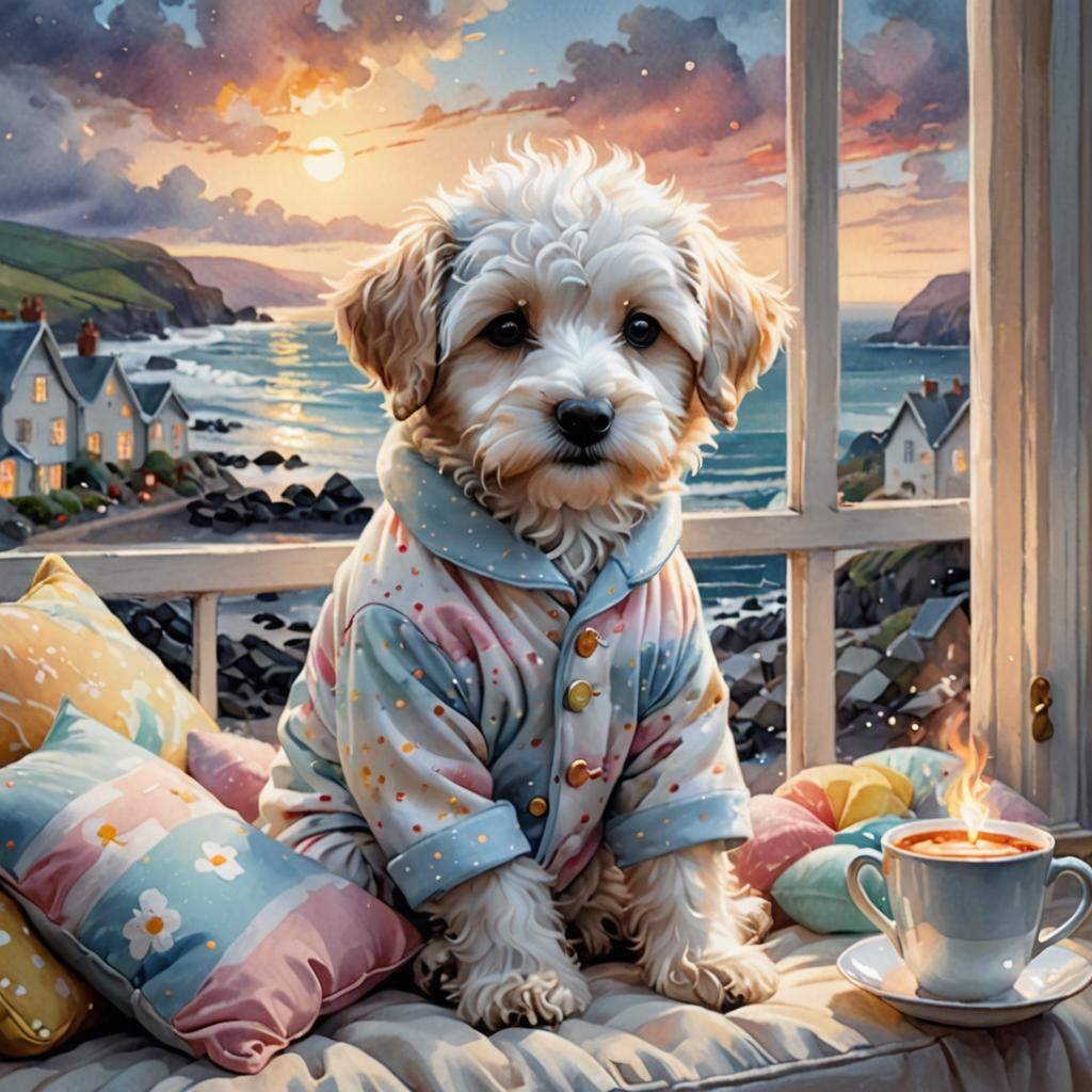 Havapoo Puppy Enjoying Stormy Beach View