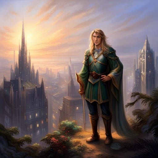 Blond Elf Warrior in Ethereal Cityscape