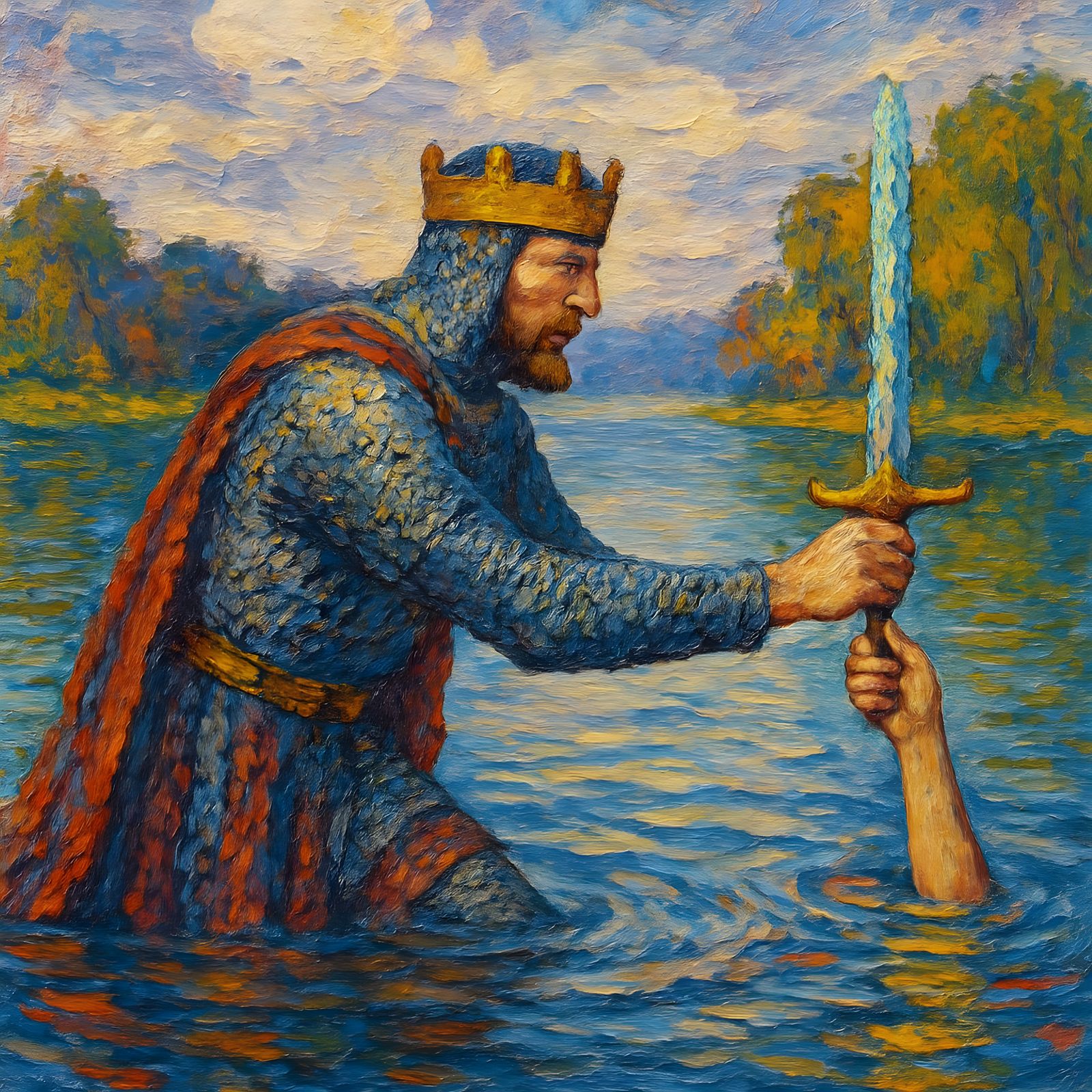 King Arthur Receives Excalibur: Impressionist Oil Painting