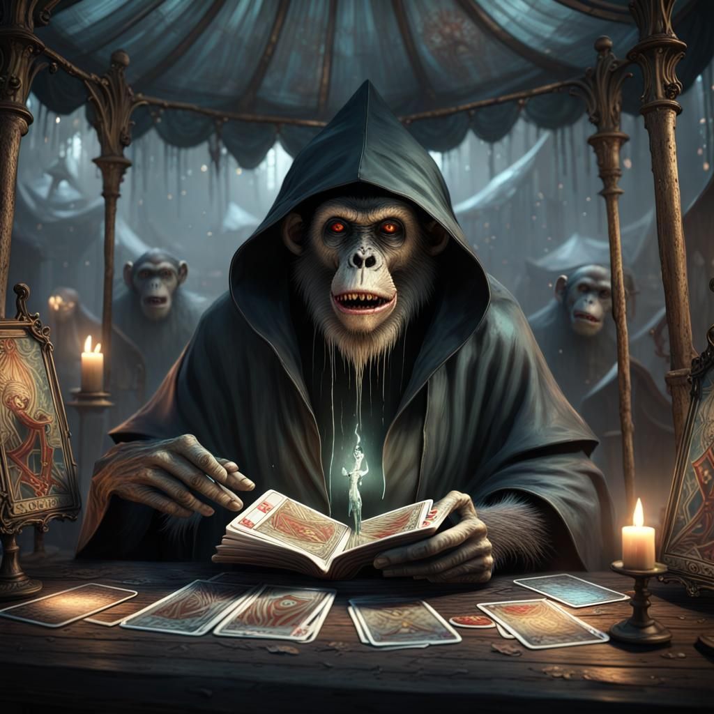 1st person view, inside a small dark carnival tent a monkey grim reaper reading, clear glass see through tarot cards, fa...