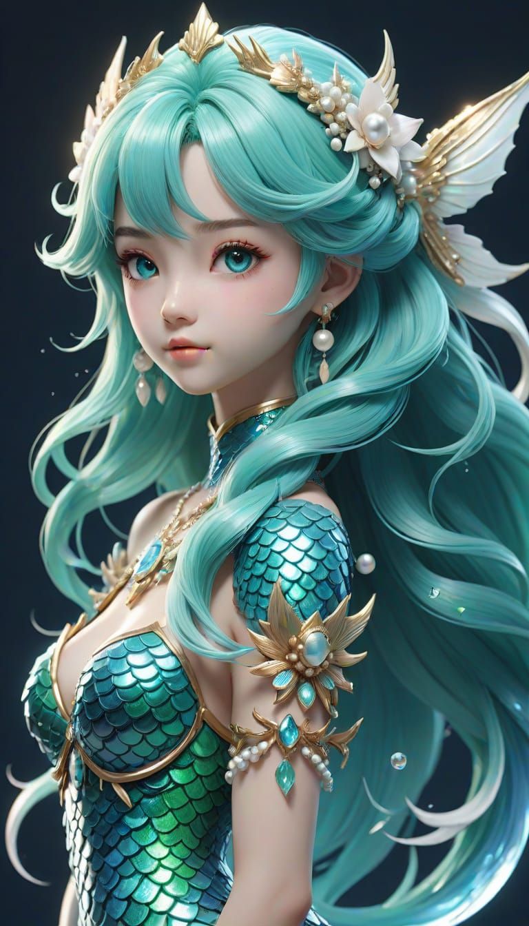Aquamarine Mermaid Dragon in Ethereal Anime Style