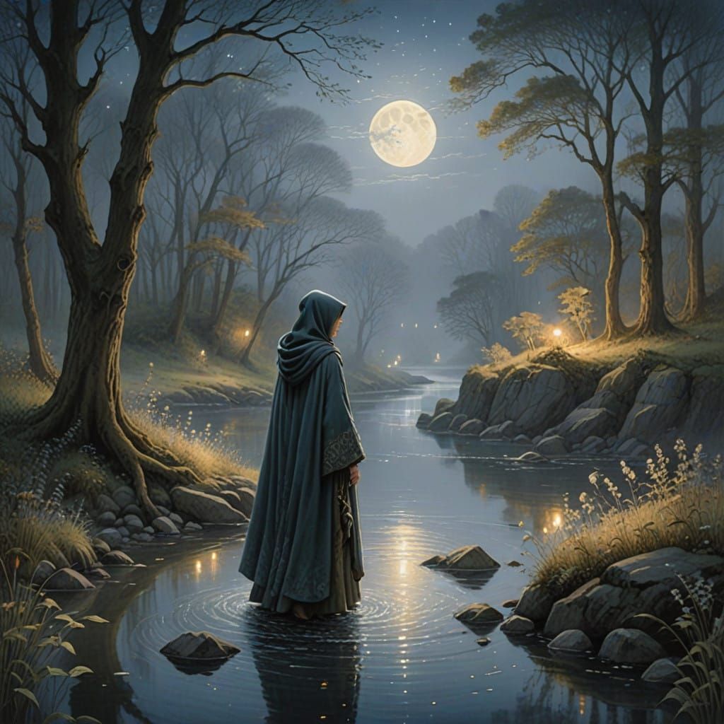 Serene Woman Stands at Tranquil Moonlit River in Ethereal Mi...