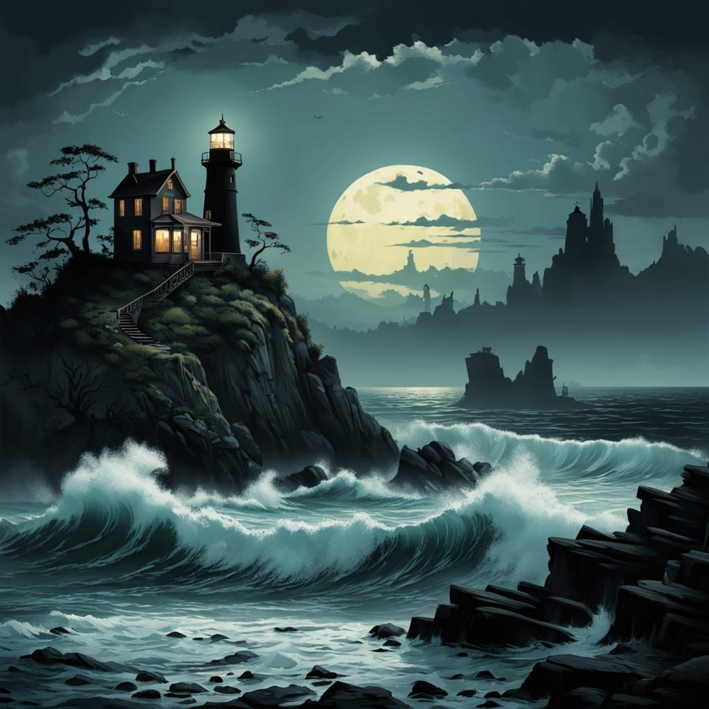 Mysterious Lighthouse Keeper in a Dreamy Nocturnal Seascape