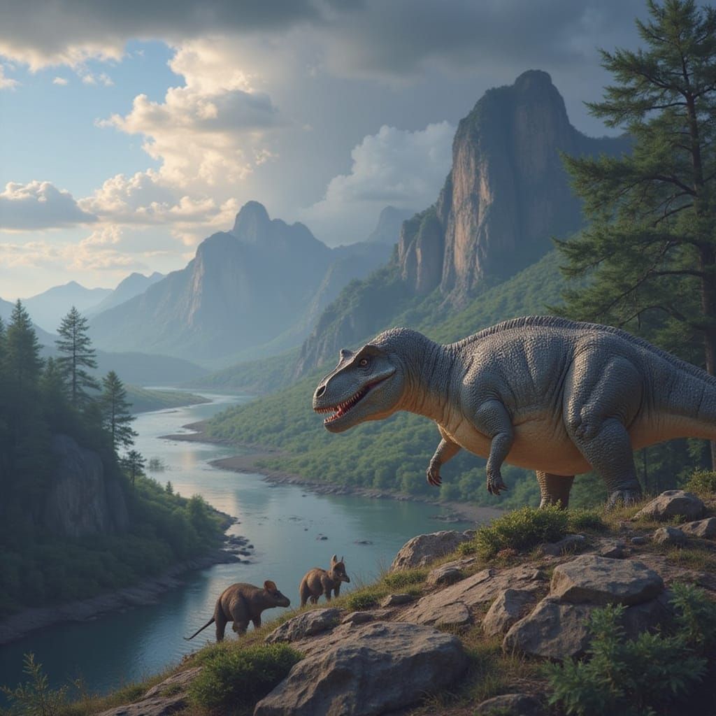 Tyrannosaurus Overlooking Triceratops in Epic Landscape