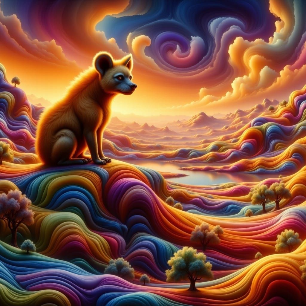 Surreal Desert Sunset Landscape with a Grumpy Hyena