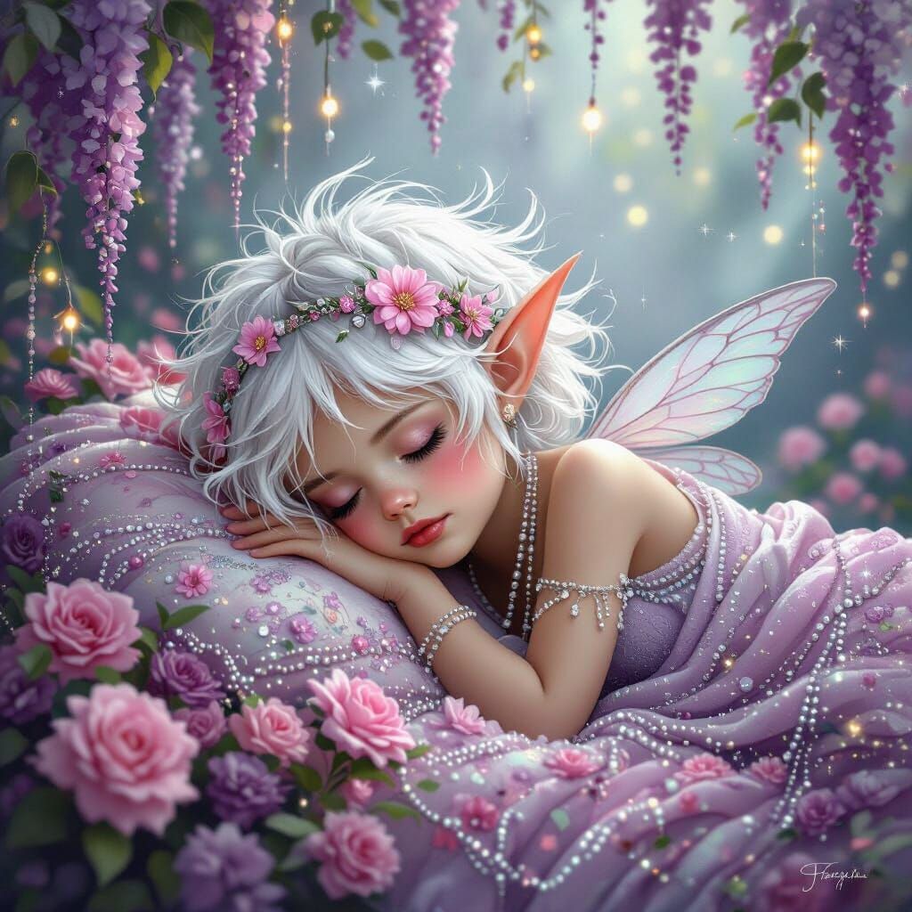 Ethereal Pixie Sleeping on Flowers in Fantasy Art