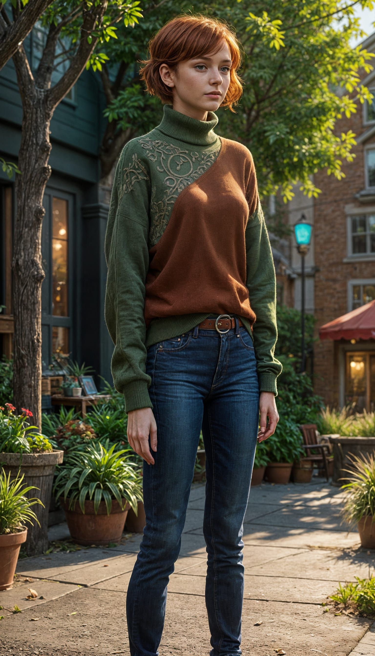 Girl with Red Hair in Casual Outfit