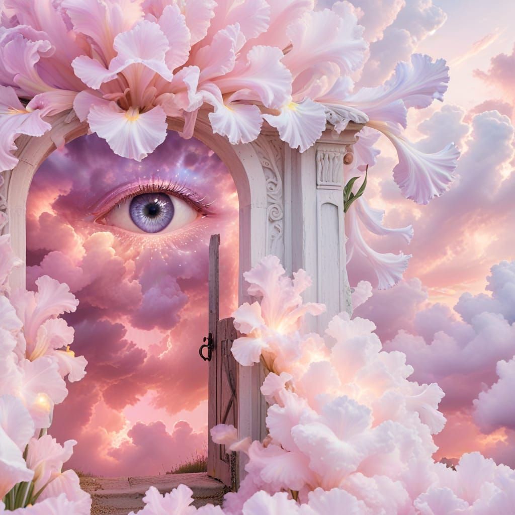 Hypnotic Iris Reveals Glowing Portal in Pink Clouds