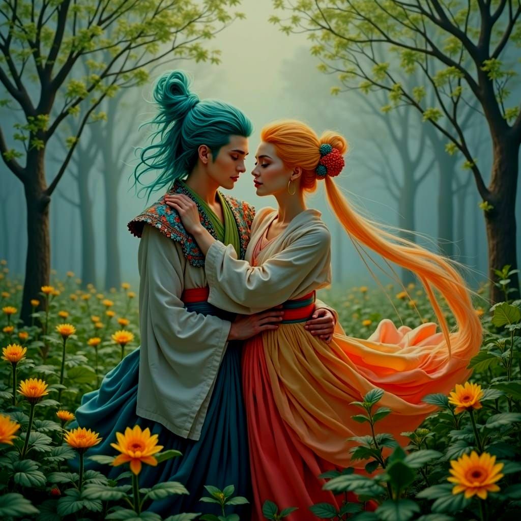 Mystical Foggy Forest with Diverse Characters and Vibrant Co...