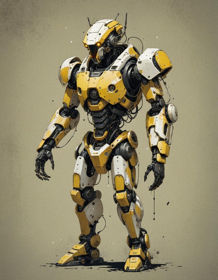 Menacing Sci-Fi Robot Bodyguard in Ink Painting Style