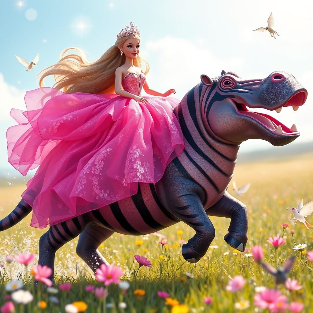Majestic Hippopotamus and Barbie in Whimsical Fantasy Scene