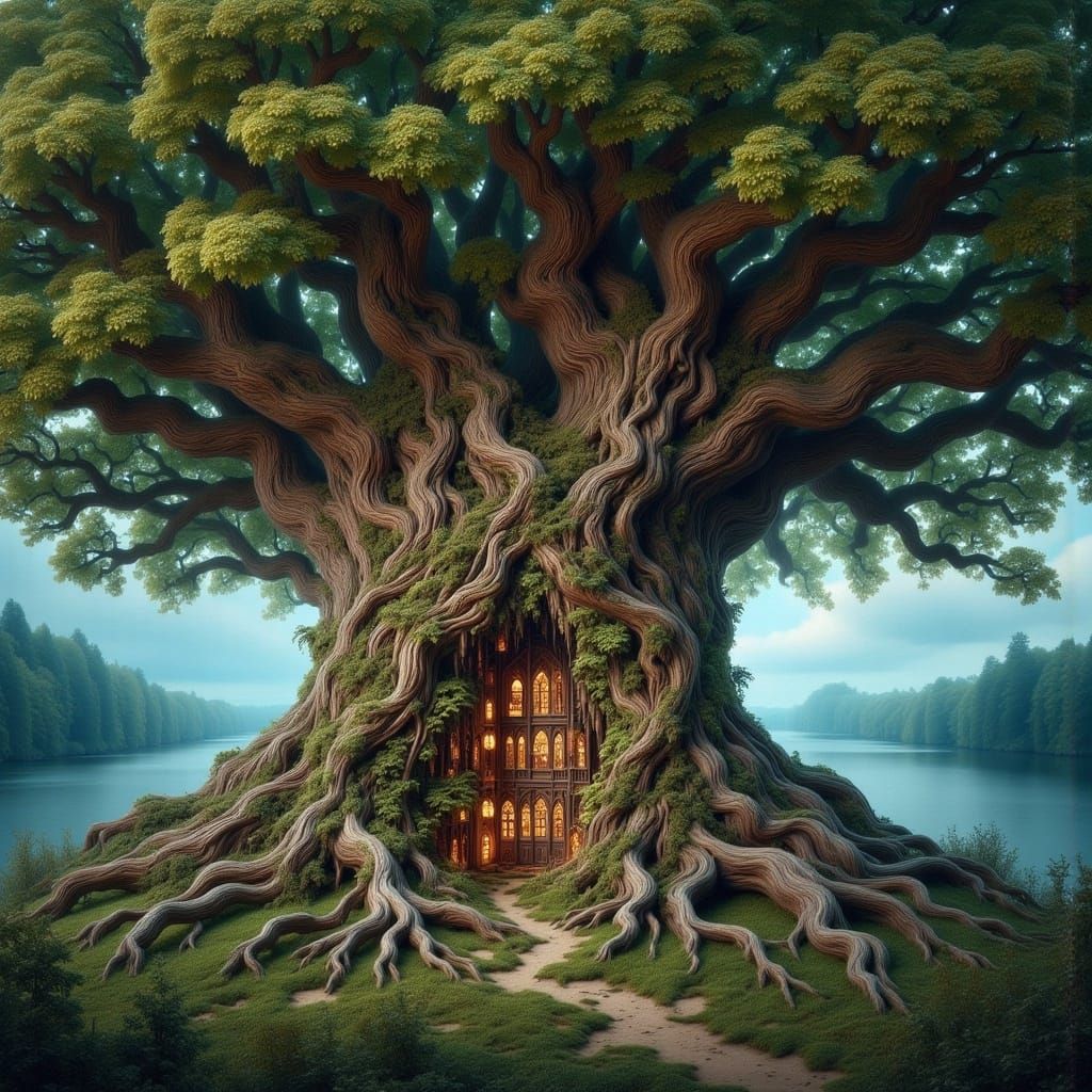 Whimsical Village Inside Ancient Hollow Tree