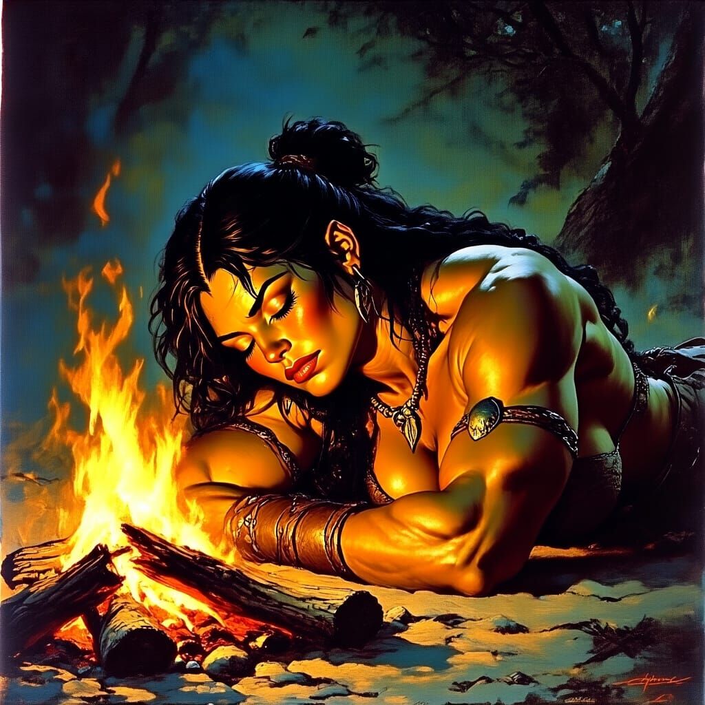 Barbarian Woman Sleeping Peacefully by Campfire in Fantasy A...