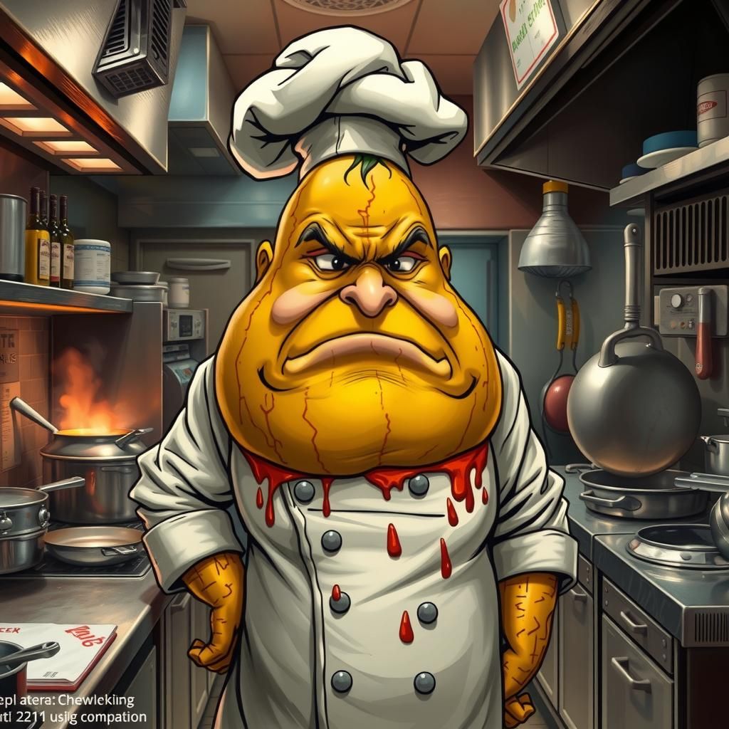 Chef Gourd in Chaotic Kitchen: Digital Illustration