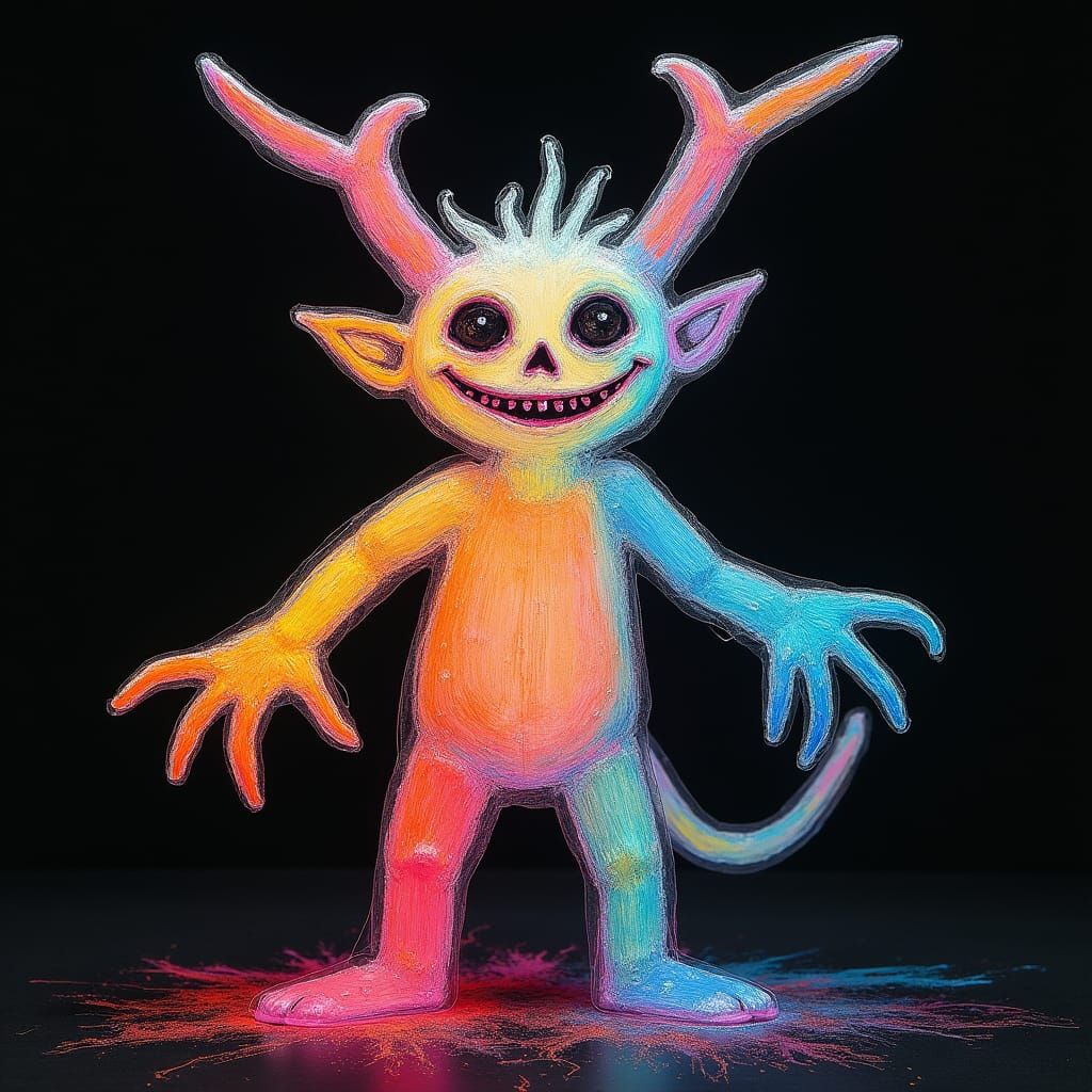 Surreal Crayon Monster Drawing with Rayograph Elements