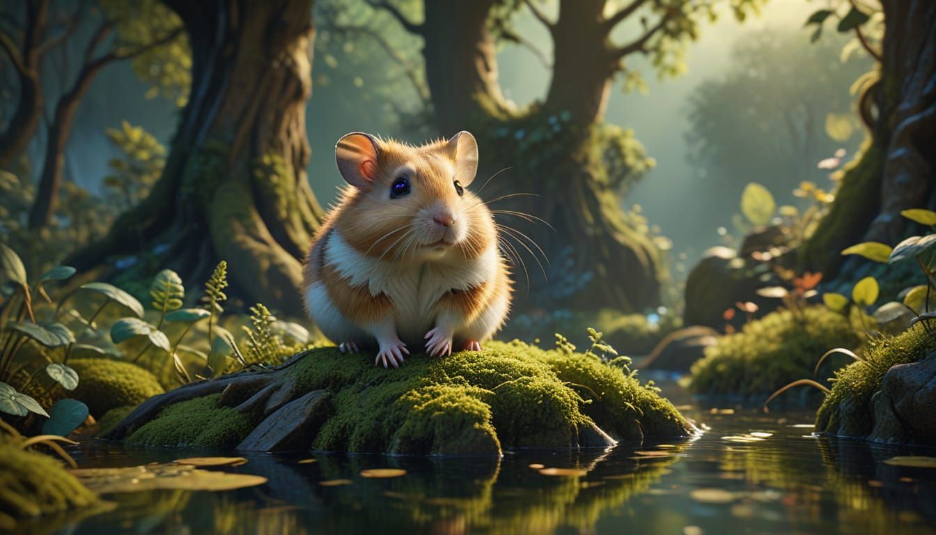 Golden Hamster Perched in Serene Forest Oasis