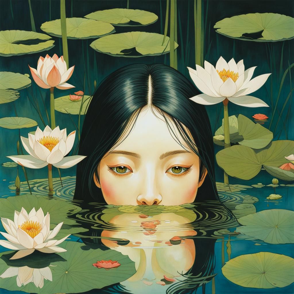 Submerged Face in Lotus Pond: Watercolour Painting