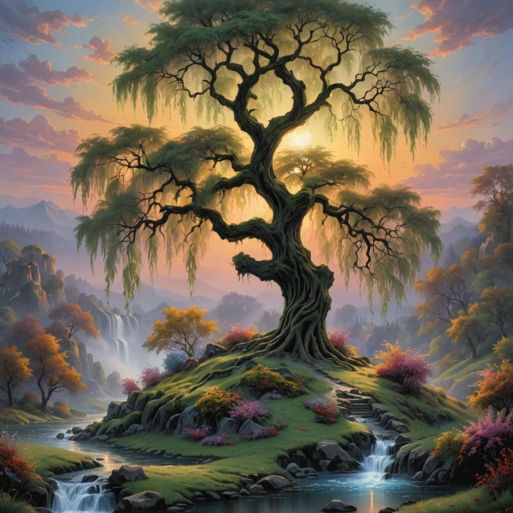 Weeping Willow Sunset in Surreal Painterly Style