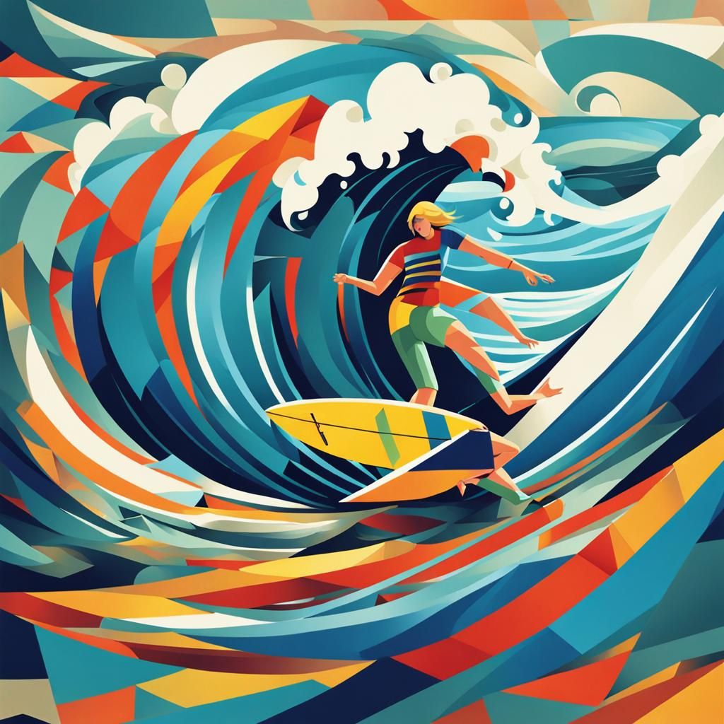 Cubist Surfer Rides a Breaking Wave in Geometric Fauvism
