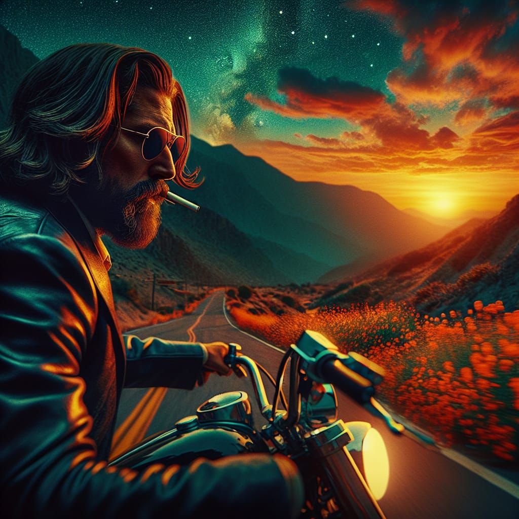 Cinematic Motorcycle Ride at Sunset on Mountain Road