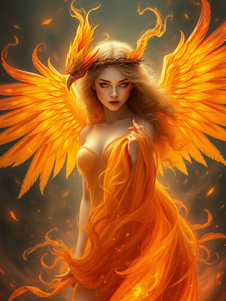 Ethereal Phoenix Woman Rising: Digital Fantasy Art