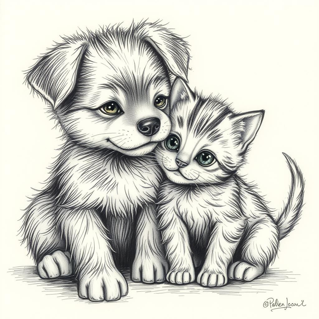 Kitten and Puppy: A Whimsical Pencil Sketch