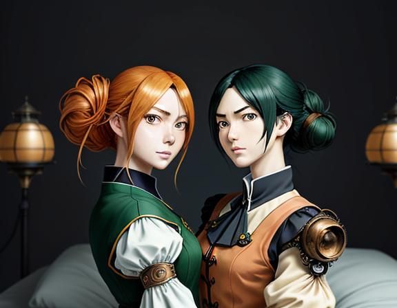 Anime Twins Kissing in Steampunk Manga Style