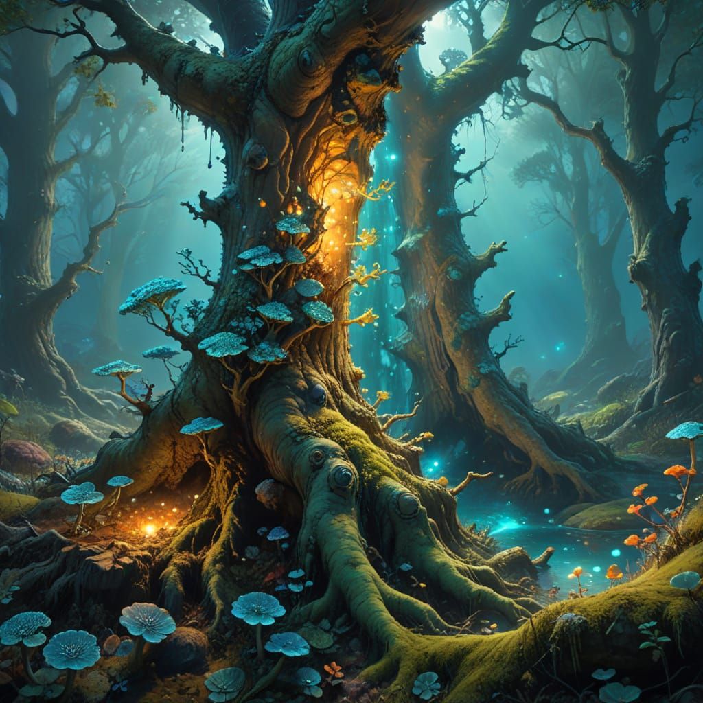 Ethereal Oak: Vibrant Surrealism in Oil