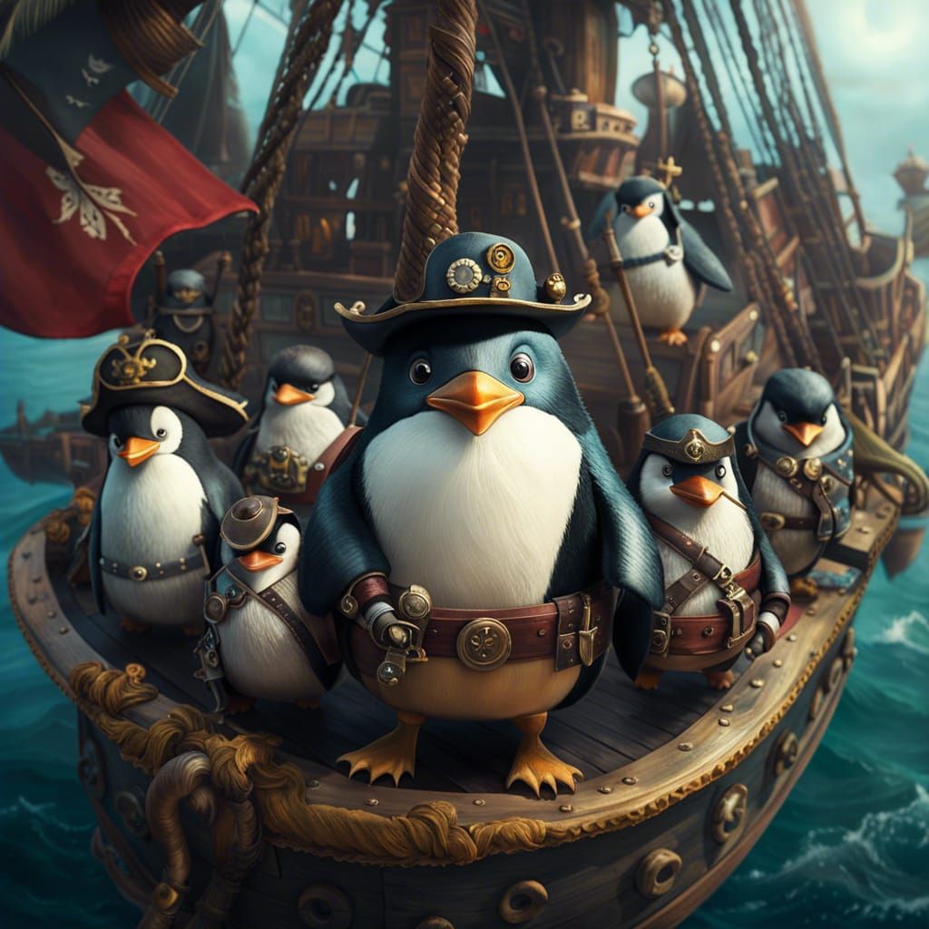 TEAMWORK: Penguin Pirates Working Together and Out to Plunder.