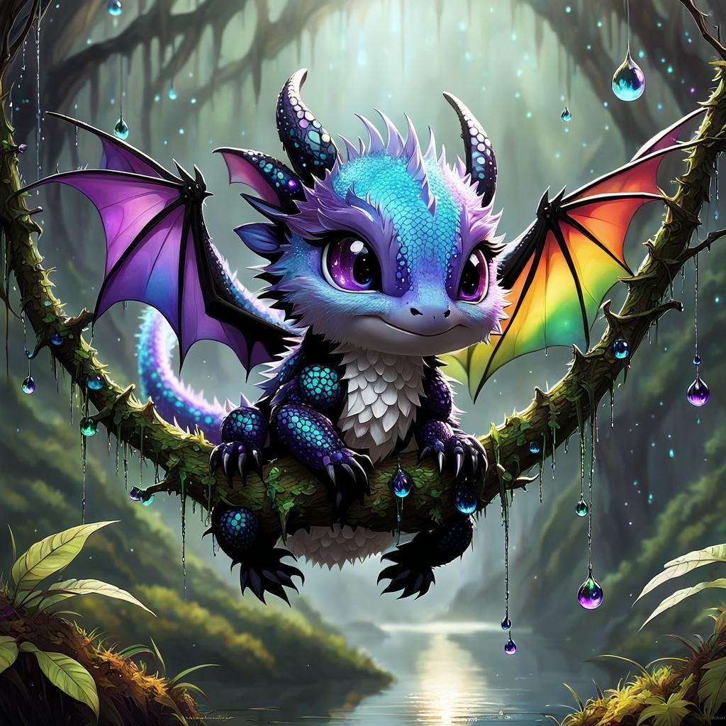 Chibi Dragon on Spiderweb: Detailed Digital Art