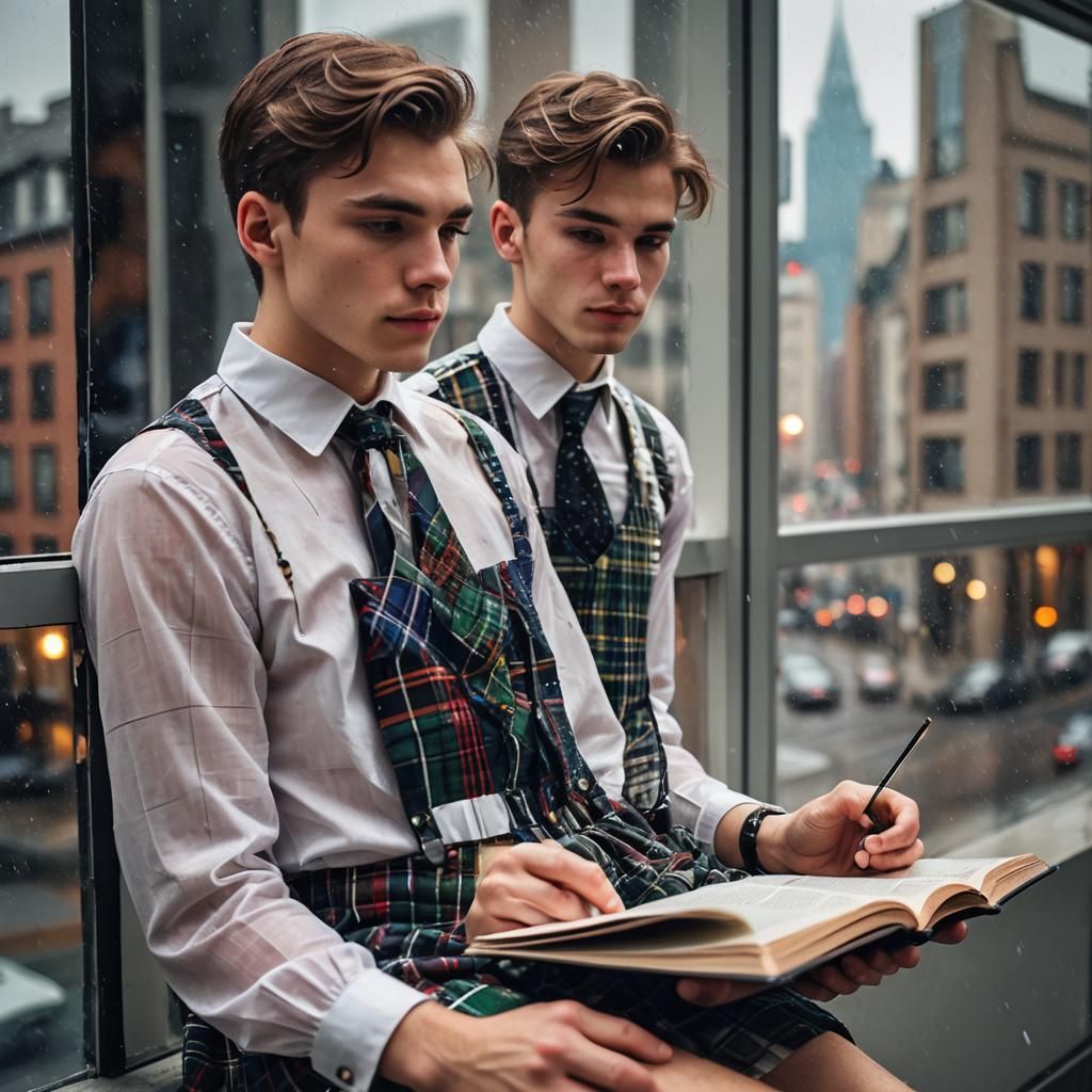 Elegant Young Man Reads by City Window at Rainy Day