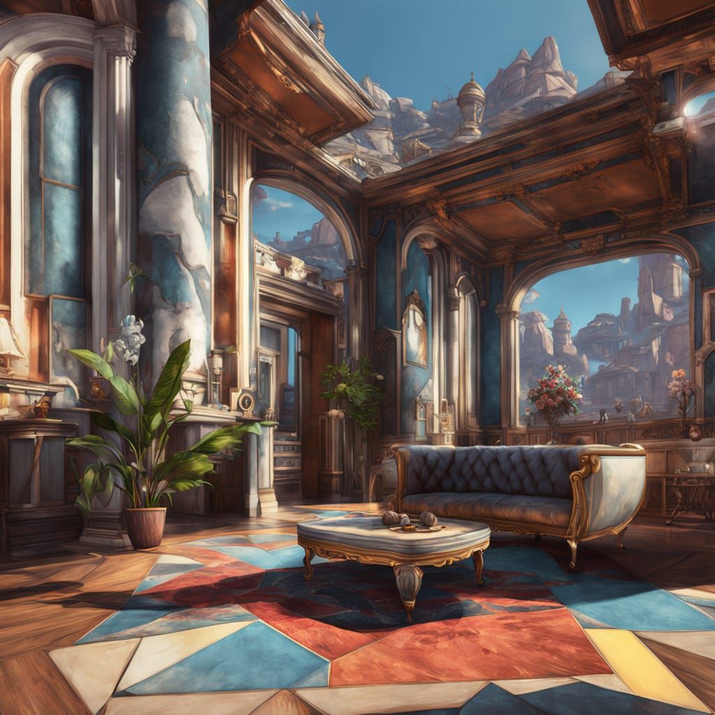 Abstract Cubist Home Architecture in Vibrant Complementary C...