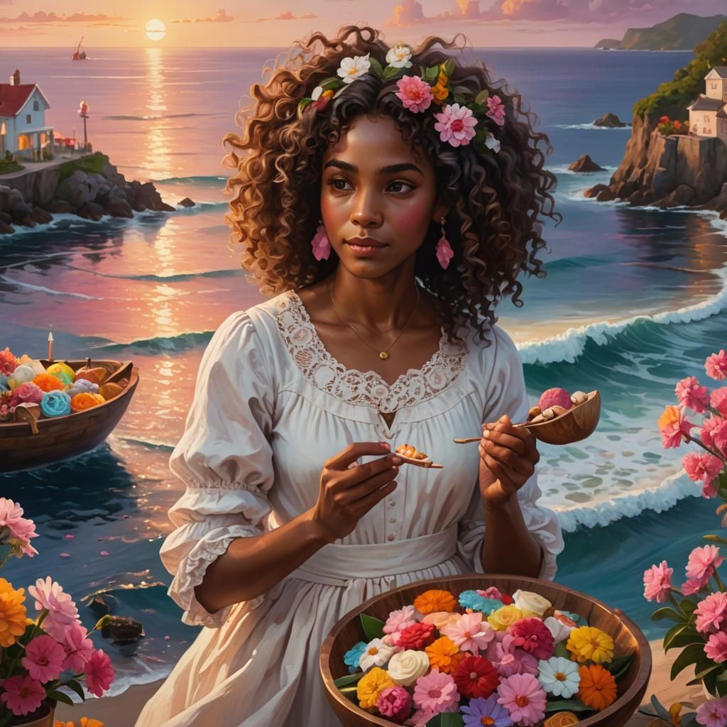 Caribbean Woman's Ocean Offering: Vibrant Digital Oil Painti...