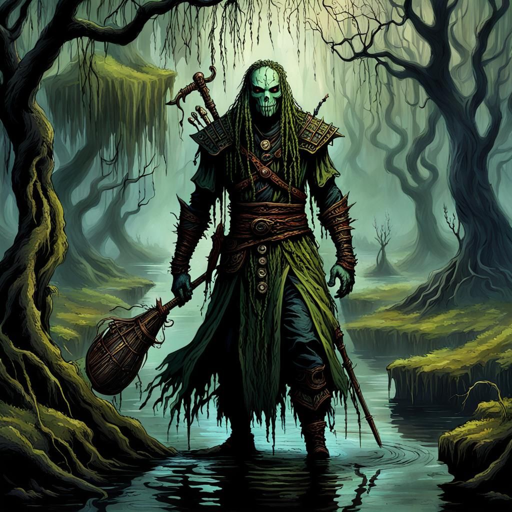 Dark Voodoo Warrior in Sinister Night Swamp