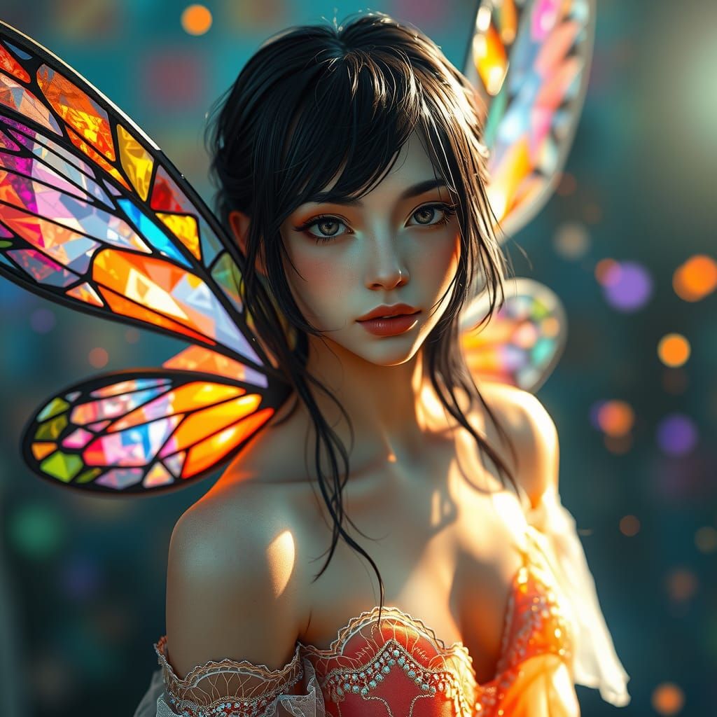 Ethereal Fairy with Stained Glass Wings, Digital Art