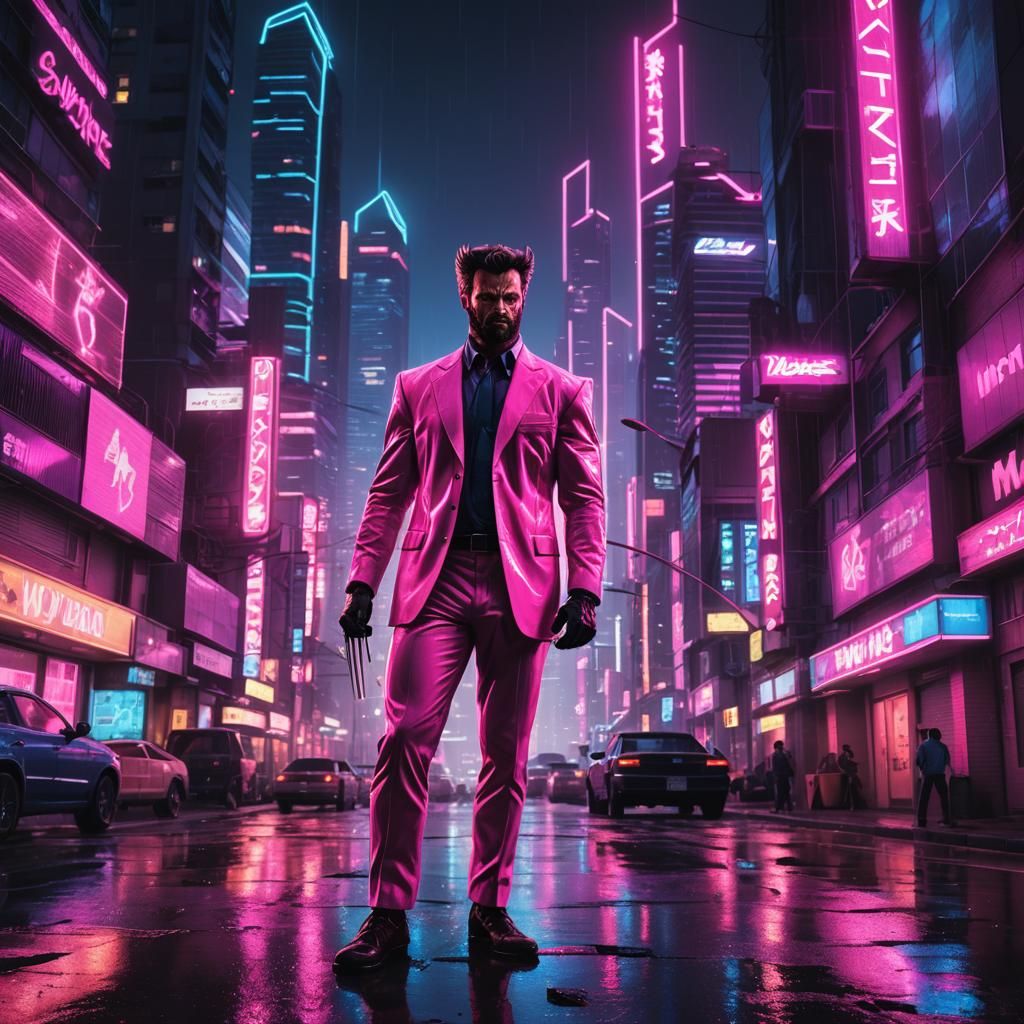Wolverine in Pink Suit: Synthwave Neon Cityscape