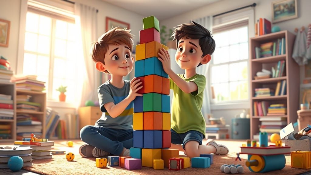 Playful Pixar-Inspired Scene of Two Boys Building a Tower