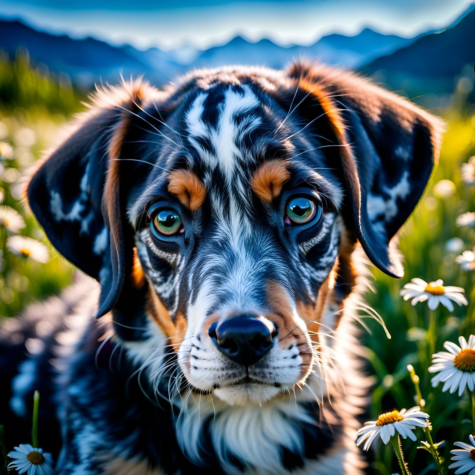 Adorable Blue Tick Hound Puppy in Flowered Field