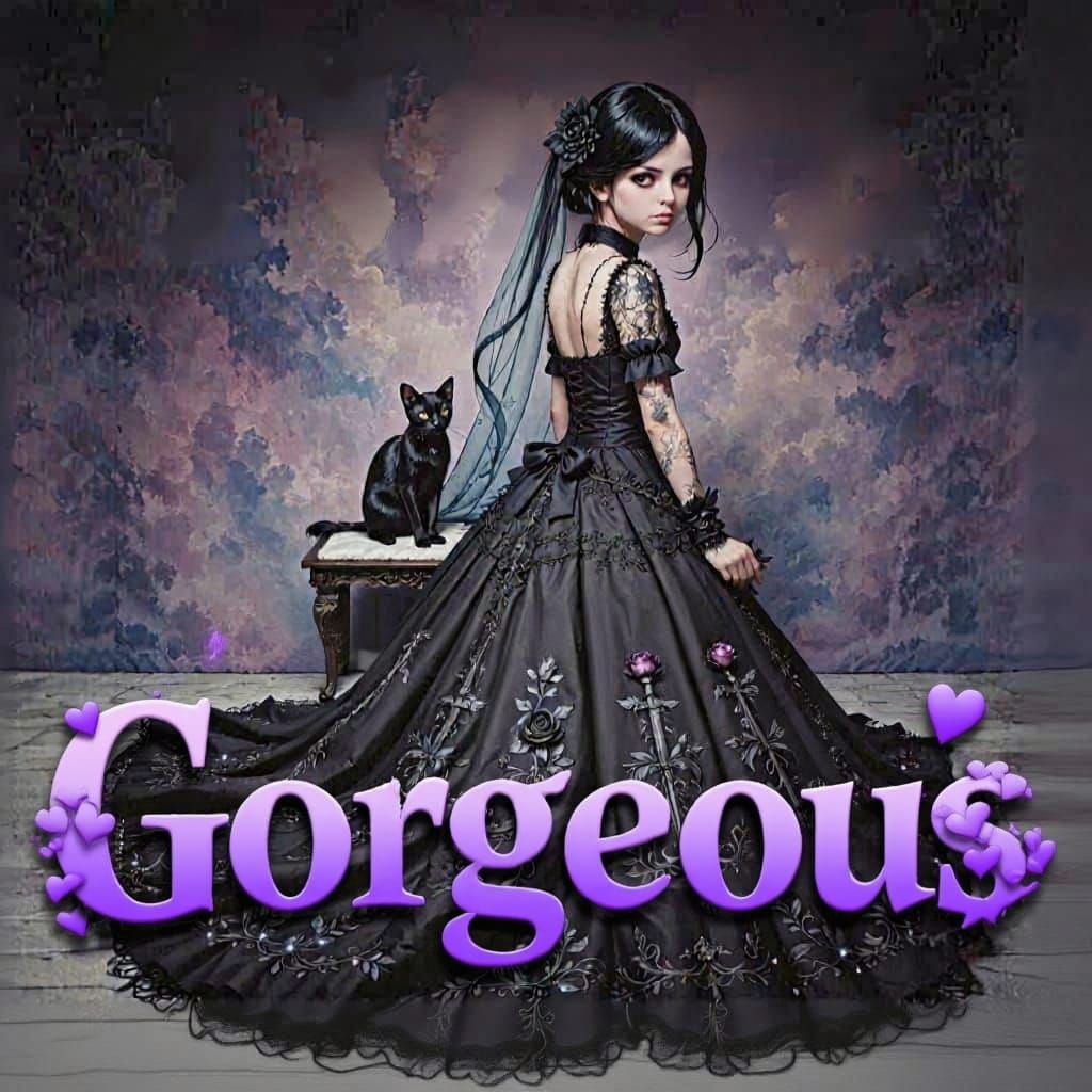 3D Gothic Script Text "Gorgeous" with Purple Hearts
