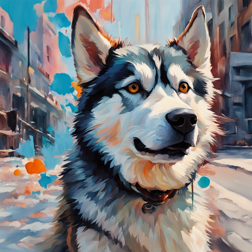 Vibrant Husky Pulls Train in a Melting, Abstract World