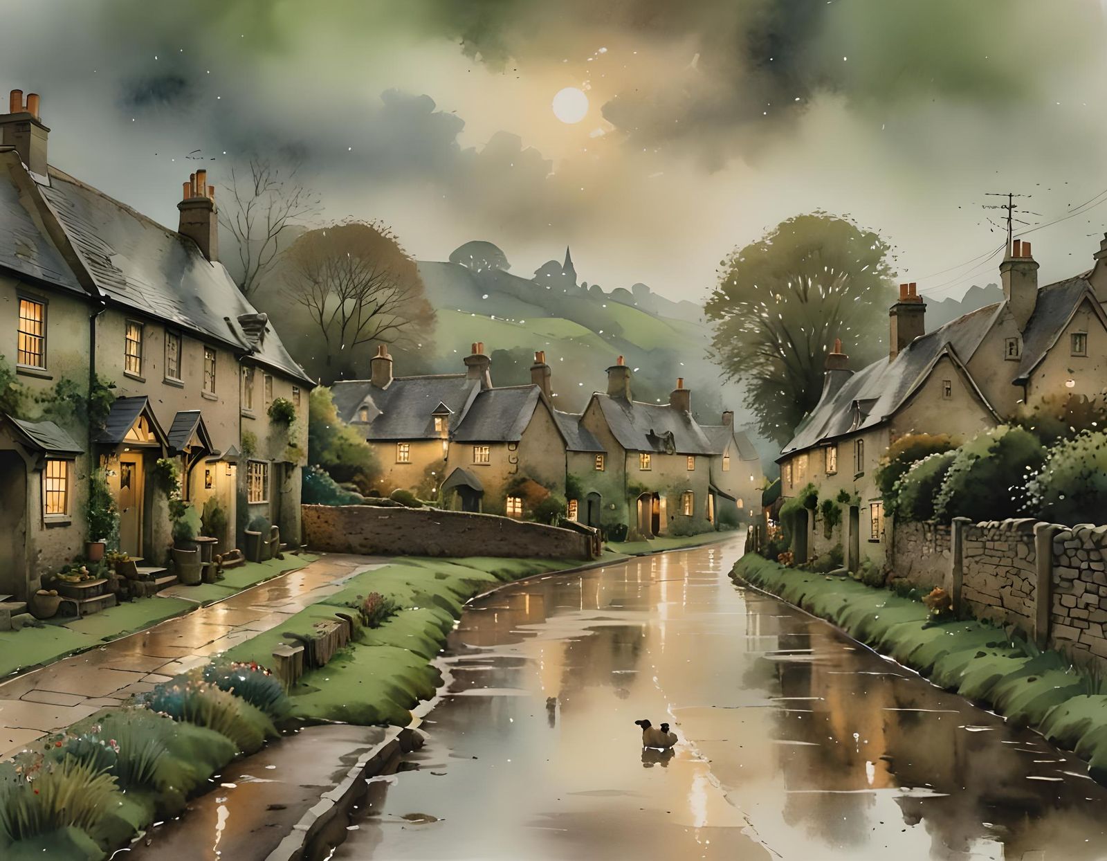 English Village in Rain, Watercolor Painting