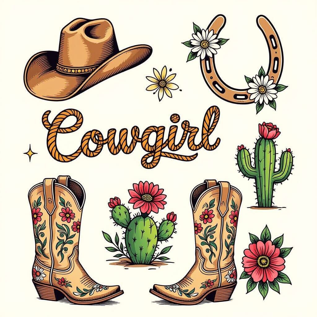 Vintage Cowgirl Tattoo Flash Sheet with Floral Elements