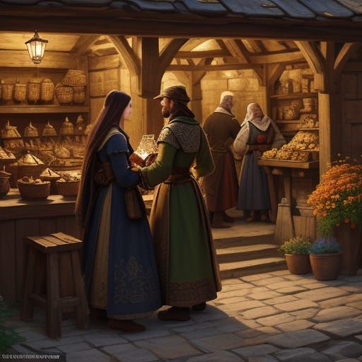 Medieval Marketplace Meeting in Illustration Style