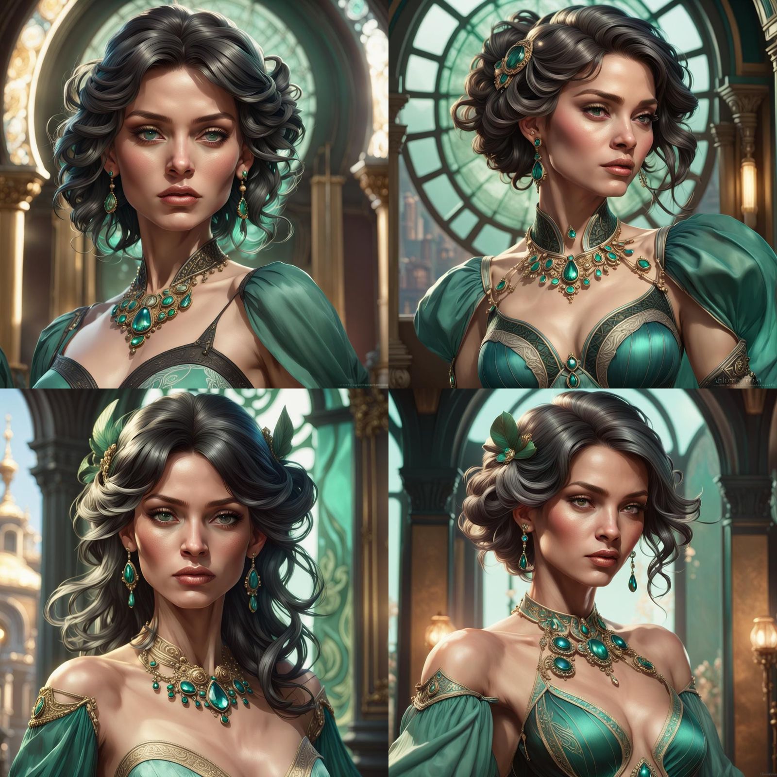 Glamorous Woman in Emerald Dress: Hyperdetailed Portrait