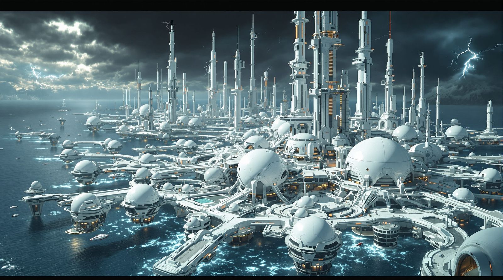 Floating Alien Metropolis in Tempestuous Ocean