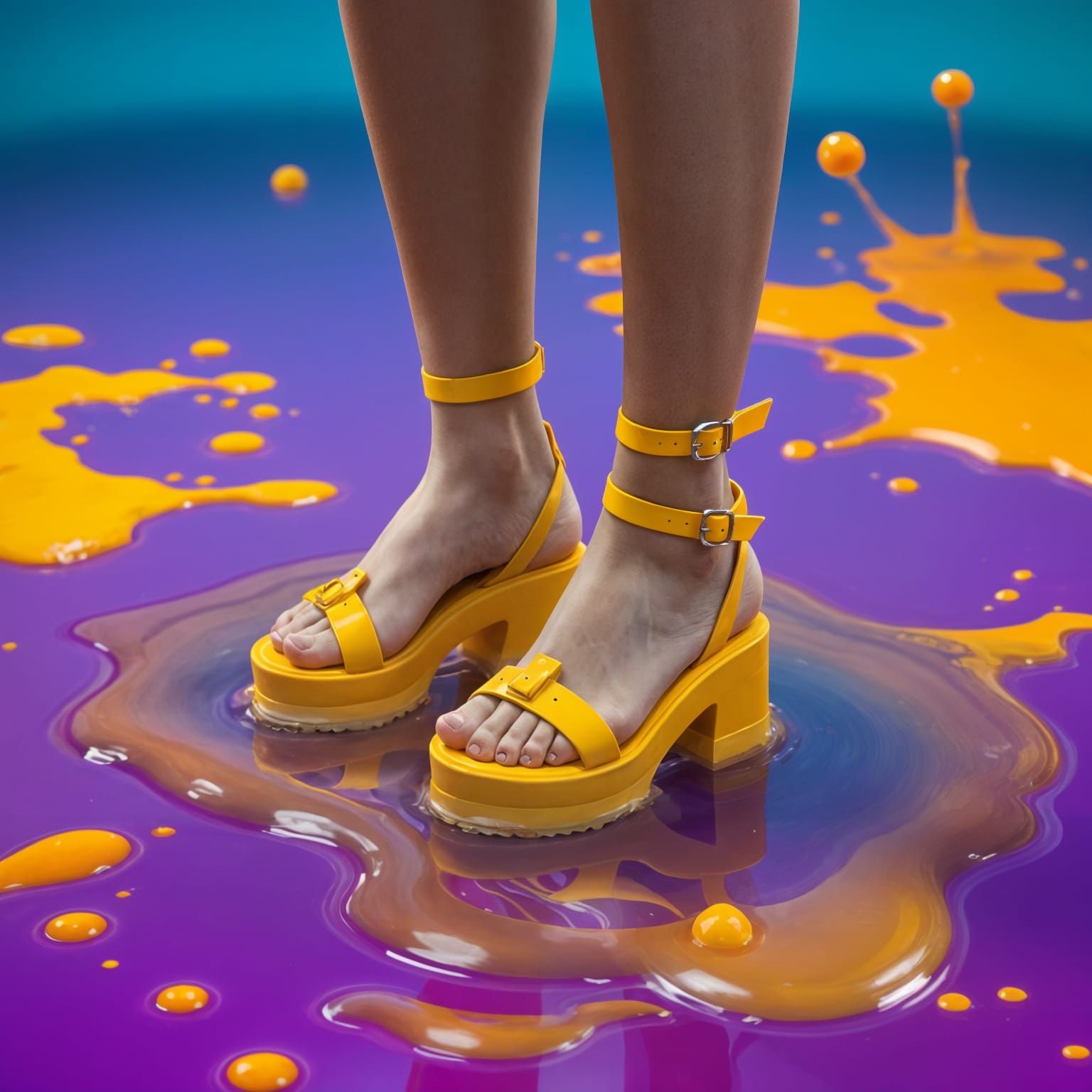 Woman's Feet Stuck in Glue, Vibrant Yellow Sandals Trapped